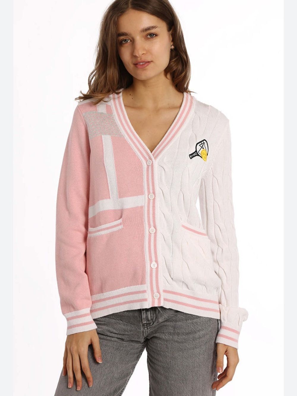 $345 MINNIE ROSE COTTON CASHMERE PICKLEBALL MIXED MEDIA CARDIGAN - GOLF NWT